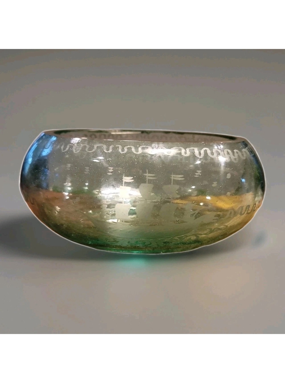 Antique Glass Bowl Czechoslavovakian Hand Etched Schooner/ Oval 6"Wide Nautical